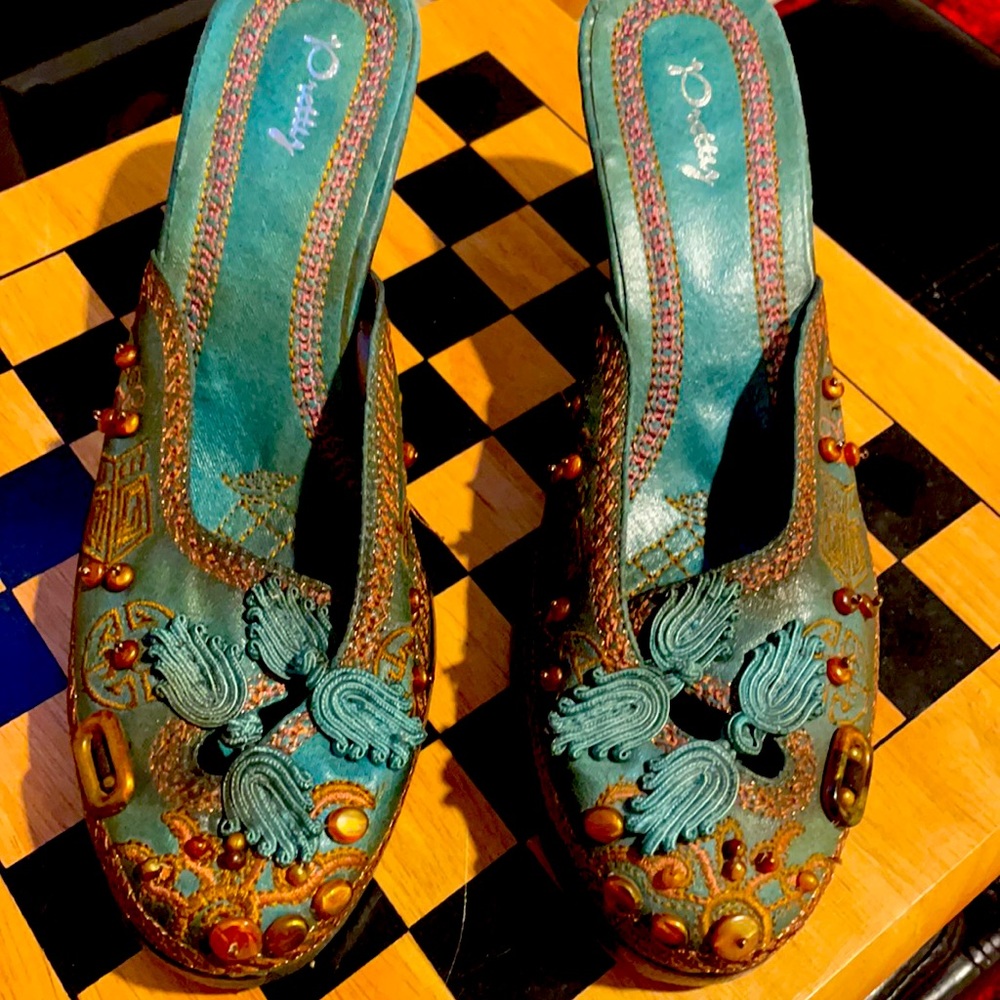 Beautiful handcrafted teal shoes definitely one of a kind
